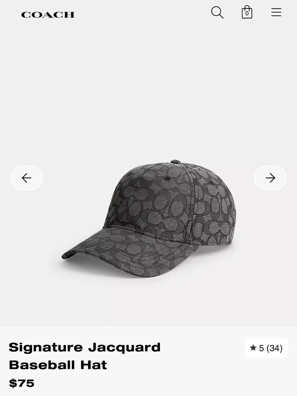 Coach Gray Signature Jacquard Baseball Cap